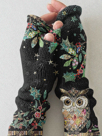 Women's Owl Art Printing Fingerless Gloves