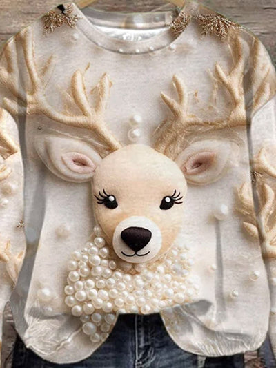 Art Christmas Cute Elk Print Casual Sweatshirt