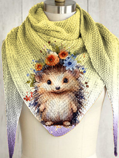 Autumn Winter Cute Hedgehog Print Triangle Knitted Scarf