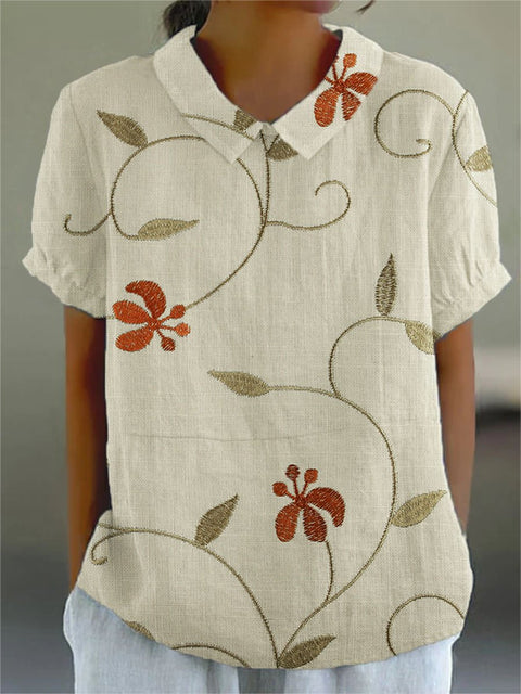 Women's Flower And Leaf Art Pattern Print Casual Cotton And Linen Shirt