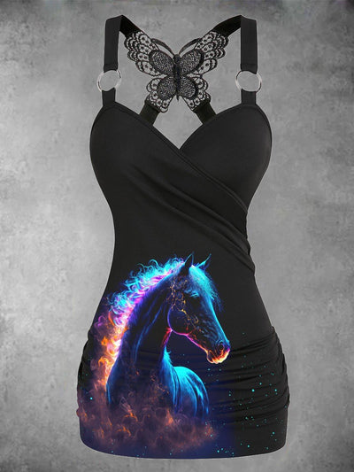 Women's Horse Art Design Butterfly Lace Dress Casual Tank Top