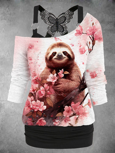 Women's Sloth Flower Art Design Two Piece Suit Top