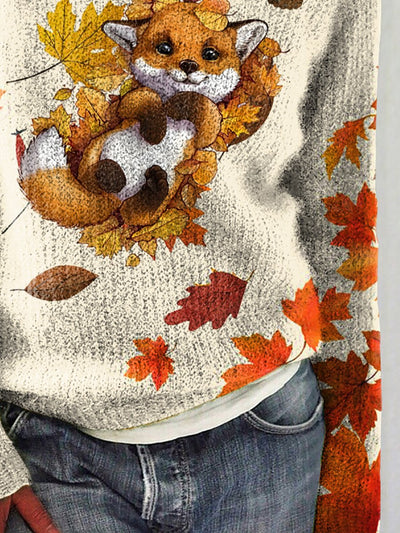 Autumn Winter Cute Fox Maple Leaves Print Casual Knit Pullover Sweater
