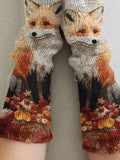 Women's Knit Vintage Christmas Gift Autumn And Winter Maple Leaves Deciduous Fox Art Printing Fingerless Gloves