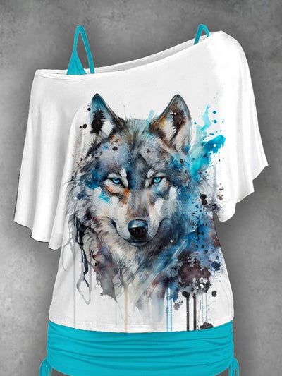 Women's Artistic Design Wolf Stars Two Piece Suit Top