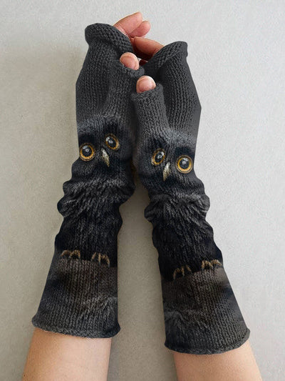 Women's Halloween Black Owl Art Printing Fingerless Gloves