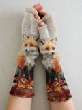 Women's Knit Vintage Christmas Gift Autumn And Winter Maple Leaves Deciduous Fox Art Printing Fingerless Gloves