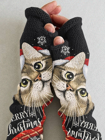 Women's Knit Vintage Merry Christmas Cat Art Printing Fingerless Gloves