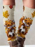 Women's Cute Knit Fox Maple Leaf Print Leg Warmers