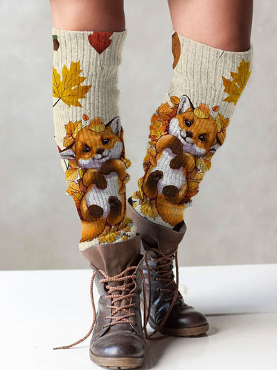 Women's Cute Knit Fox Maple Leaf Print Leg Warmers