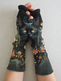 Women's Black Cat Art Printing Fingerless Gloves