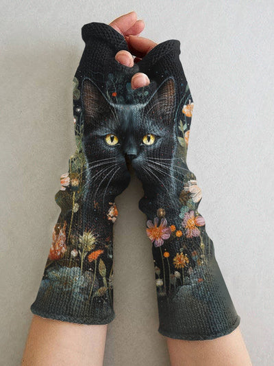 Women's Black Cat Art Printing Fingerless Gloves