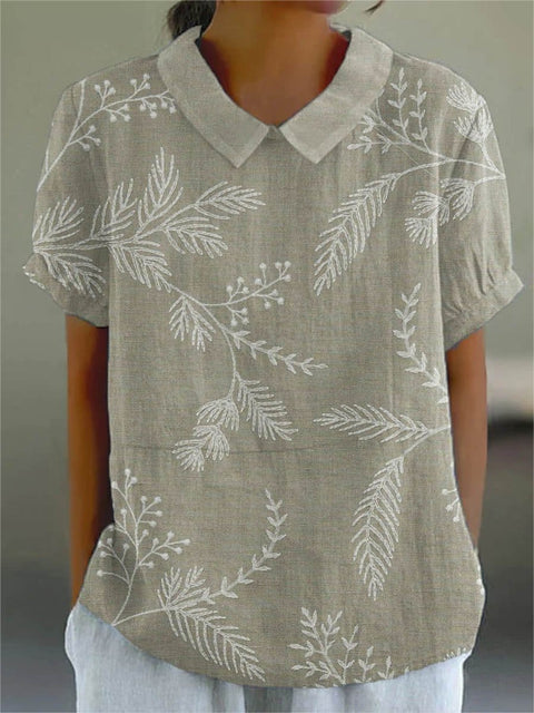 Women's Flower And Leaf Art Pattern Print Casual Cotton And Linen Shirt
