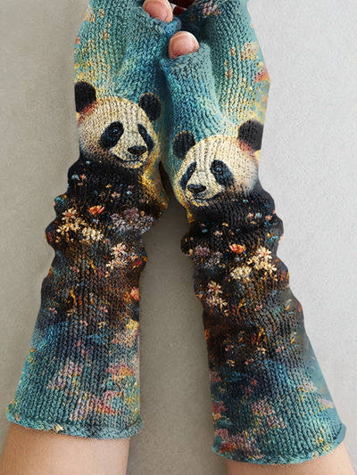 Women's Panda Flower Animal Art Printing Fingerless Gloves