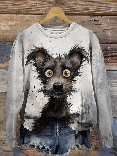 Watercolor Ink Puppy Animal Art Design Print Casual Long Sleeve Sweatshirt