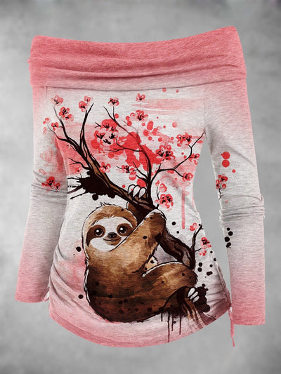 Women's Sloth Tree Flower Fall Art Print Off Shoulder Foldover Cinched Top
