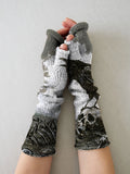 Women's Halloween Knit Skull Crow Print Fingerless Gloves