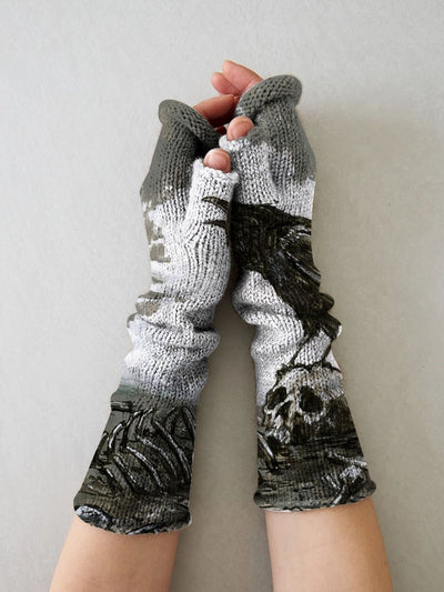 Women's Halloween Knit Skull Crow Print Fingerless Gloves