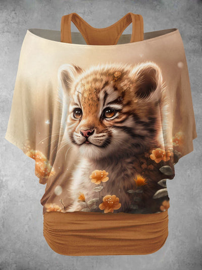 Women's Floral Tiger Baby Art Design Two Piece Suit Top