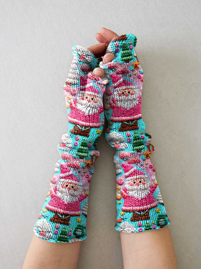 Santa Christmas Print Casual Knit Gloves, Leg Sets,Hat