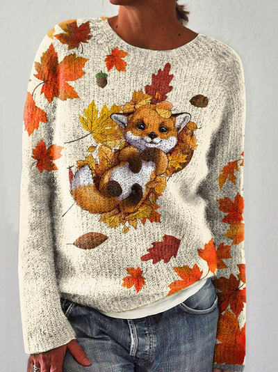 Autumn Winter Cute Fox Maple Leaves Print Casual Knit Pullover Sweater