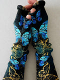 Color Vintage Gold Butterfly Dark Blue Background Print Knit Fingerless Gloves
