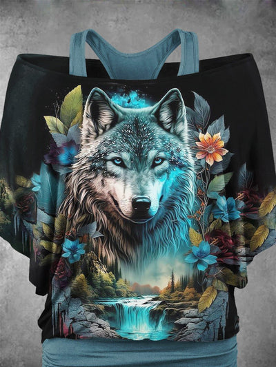 Women's Wolf Flower Art Design Two Piece Suit Top