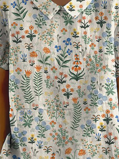 Women's Retro Floral Art Print Casual Cotton And Linen Shirt