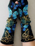 Color Vintage Gold Butterfly Dark Blue Background Print Knit Fingerless Gloves