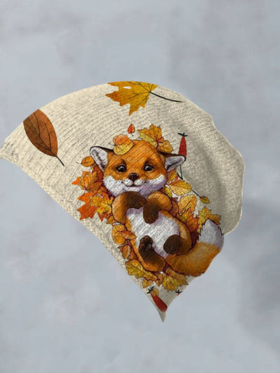 Cute Knit Fox Maple Leaf Print Hat