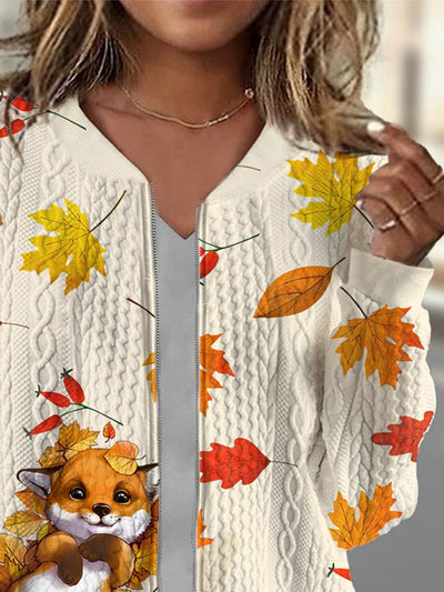 Women's Casual Cute Maple Fox Knit Cardigan Jacket
