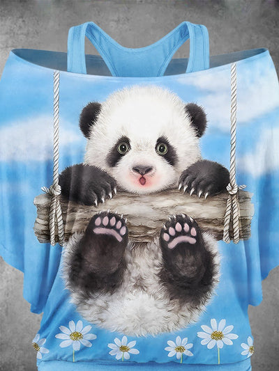 Women's Panda Flower Art Design Two Piece Suit Top