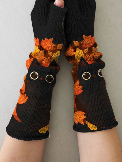 Women's Cute Knit Black Cat Print Fingerless Gloves