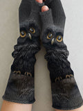 Women's Halloween Black Owl Art Printing Fingerless Gloves