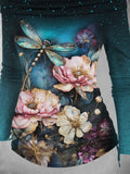 Women's Dragonfly Flower Fall Art Print Off Shoulder Foldover Cinched Top