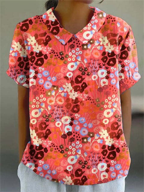 Women's Flower Art Print Casual Cotton And Linen Shirt