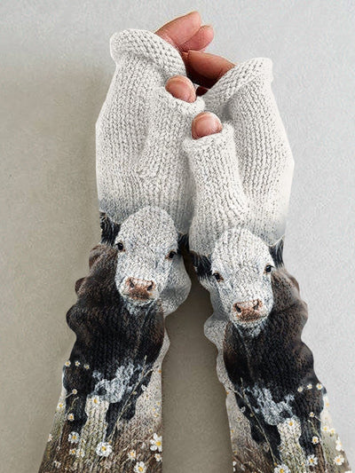 Women's Cow Flower Art Printing Fingerless Gloves
