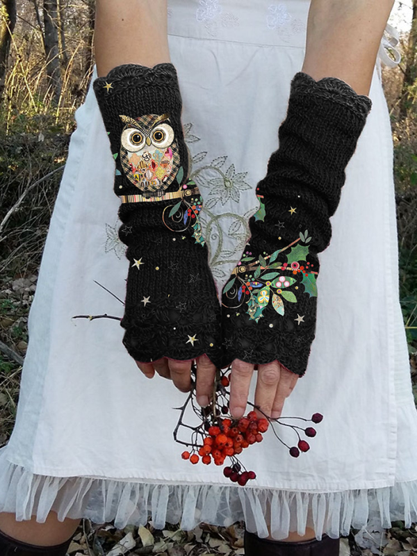 (Ship within 24 hours)Casual owl print warm gloves