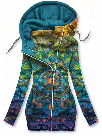 Casual geometric print hooded zipper coat