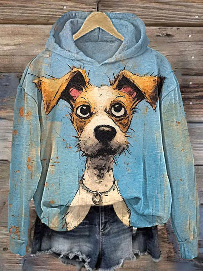 Oil painting Cute Dog Print Cotton Cozy Hoodie
