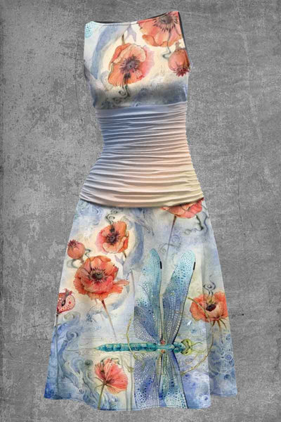Dragonfly Pattern Color Block Floral Print Sleeveless Casual Midi Dress