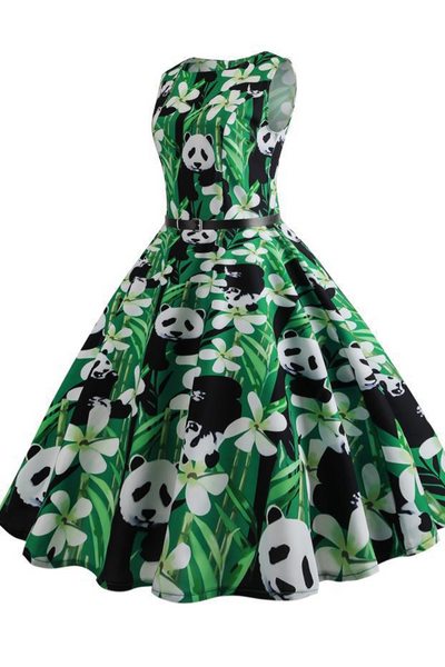 Women'S Printed Panda Print Sleeveless Green Dress