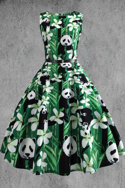 Women'S Printed Panda Print Sleeveless Green Dress