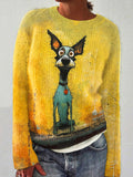 Dog Print Crew Neck Knitted Sweater