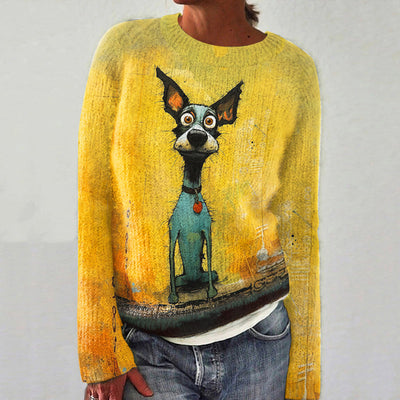Dog Print Crew Neck Knitted Sweater
