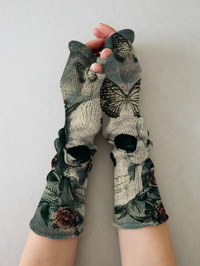 (Ship within 24 hours)Retro skull casual print knit fingerless gloves