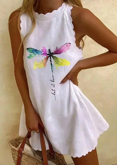 Let It Be Abstract Dragonfly Scallop Collar Mini Dress - White