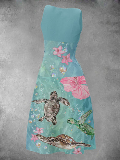 Women's Turtle Floral Artistic Design Print tummy-coverage Midi Dress