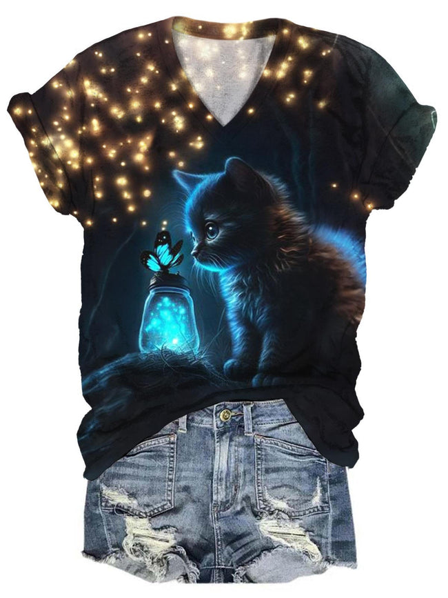 Funny Cat Print V-Neck T-Shirt