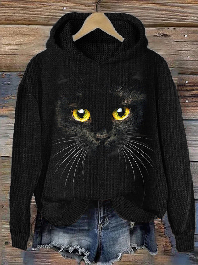 Black Cat Face Cozy Knit Hoodie